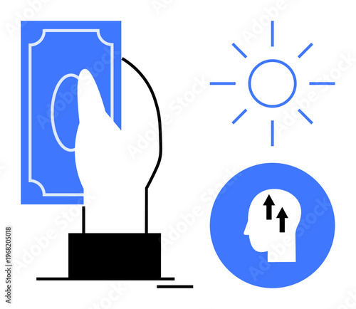 Financial growth concept. A hand holding money, head with upward arrows innovation, and the sun ideas and potential. Financial planning, savings, innovation, entrepreneurship, opportunities