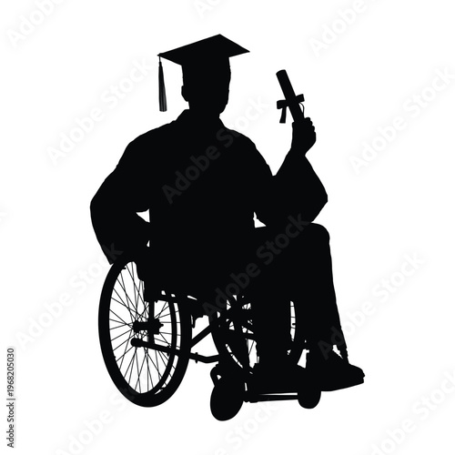 Black silhouette portrait of happy man with disability in wheelchair wearing graduation cap and gown holding diploma on graduation day vector illustration.