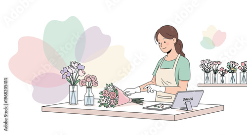 Florist Arranging Bouquet, Small Business Flower Shop Illustration