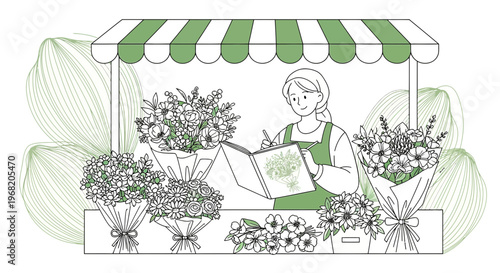 Florist Arranging Bouquets at Market Stall - Hand Drawn Illustration