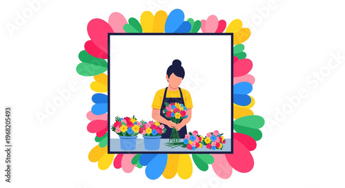 Florist Arranging Colorful Bouquets in Creative Petal Frame