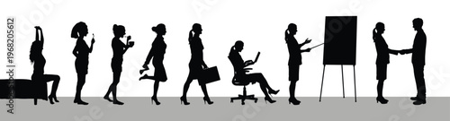 Business woman morning daily routine from getting ready to working in office black silhouette vector set collection.