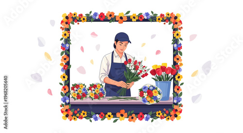 Florist Arranging Flowers in a Shop Surrounded by Floral Frames and Petals