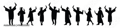 Group of college students wearing graduation cap and gown black silhouettes set collection isolated on white background flat vector illustration.