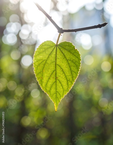 Close-up shot of a heart-shaped, vibrant green leaf hanging from a thin branch, backlit by sunlight. Blurry background