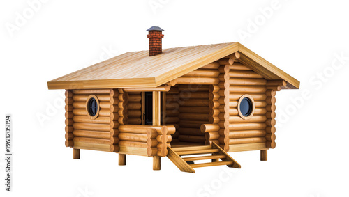 Tableau sur toile Rustic log cabin with brown shingled roof small wooden porch and brick chimney,