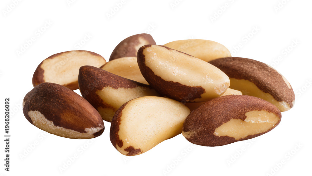 Obraz premium Pile of Brazil nuts rich brown and beige textured kernels, isolated on transparent background for healthy food advertising and recipes