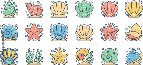 Vector set of twelve decorative seashell and starfish icons featuring ocean beach and nautical theme elements for summer design.
