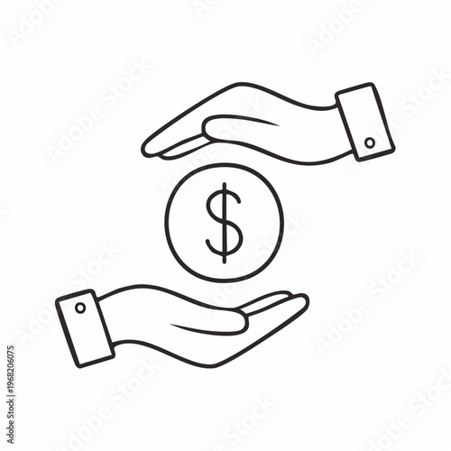 Line art illustration of two hands protecting a dollar coin, symbolizing financial security and savings.