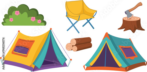 Cartoon camping equipment set with tents, chair, logs and axe