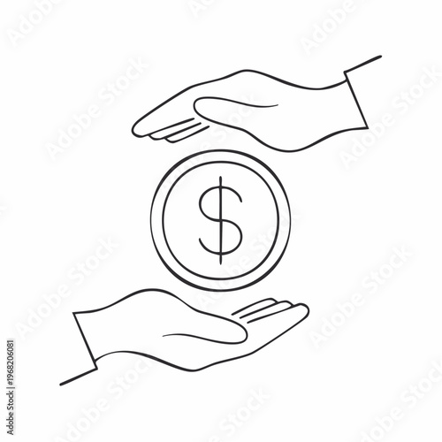Line art drawing of two hands protecting a dollar coin, symbolizing financial security and savings.