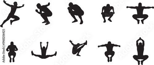 Dynamic Athletic Silhouette Set – Male Athletes Jumping, Sprinting, and Performing Gymnastic Acrobatics for Sports and Fitness Design