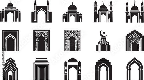 Islamic Architectural Elements Silhouette Set – Mosque Domes, Ornate Arches, Mihrab Niches, and Traditional Middle Eastern Portal Symbols