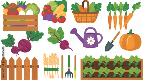 Colorful gardening and harvest set with vegetables, tools and plants