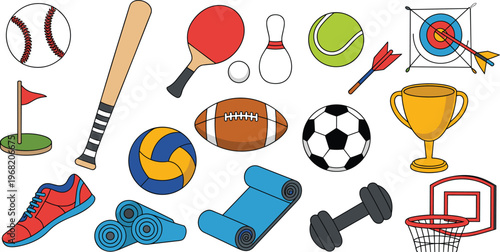 Sports equipment vector set with balls, fitness gear, trophy and training accessories