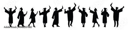 Group of college students wearing caps and gowns standing in row black silhouettes set collection isolated on white background flat vector illustration.