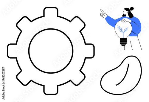 Creativity, problem-solving, technology, innovation, brainstorming, business strategy. Gear symbol, person holding light bulb abstract shapes. Creativity and problem-solving concept