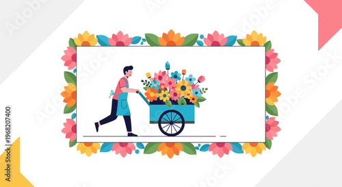Florist Pushing Cart Full of Colorful Flowers, Floral Frame Background