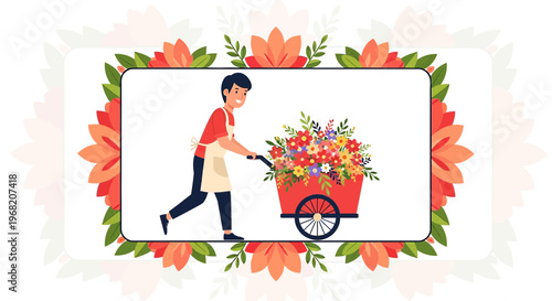 Florist Pushing Cart Full of Flowers Bordered by Floral Design