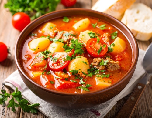 Close-up shot of a hearty stew in a ceramic bowl, garnished with fresh herbs and tomatoes, and bread slices