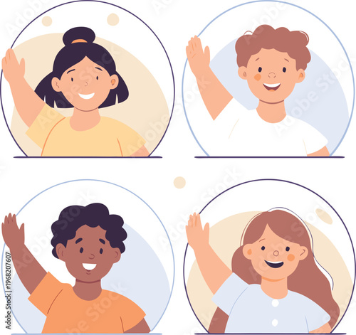 Group of happy diverse children waving hands inside circular speech bubble frames
