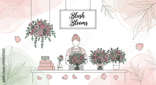 Florist Shop Scene with Woman, Flowers, Cash Register and Sign