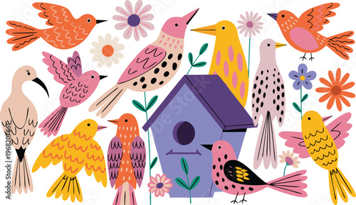 Collection of colorful birds and a birdhouse with spring flowers illustration