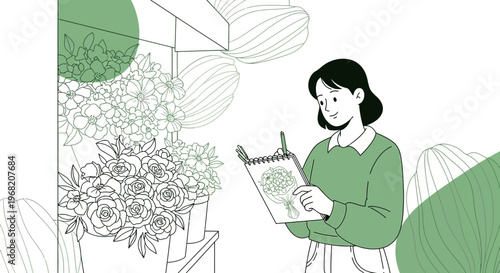 Florist Sketching Flowers in Shop - Young Woman Artist Drawing Floral Arrangement
