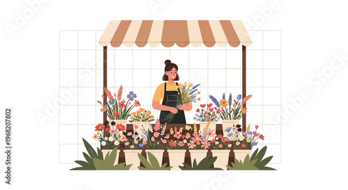 Florist Woman Selling Flowers at Market Stall - Small Business Illustration