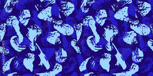 Seamless abstract floral pattern with expressive brush shapes in deep blue tones. High-contrast artistic texture creates modern bold look, ideal for textiles, packaging, wallpaper, branding
