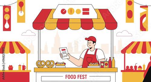 Food Festival Stall with Vendor Selling Hot Dogs and Pretzels