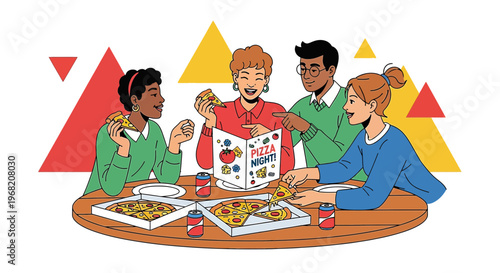 Friends Enjoying Pizza Night Party, Sharing Food and Drinks, Happy Gathering