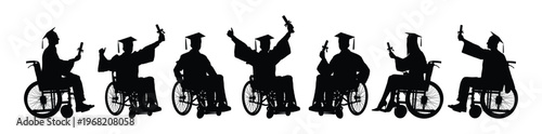 Group of people in wheelchair celebrating graduation in different poses black silhouettes isolated on white background flat vector illustration.