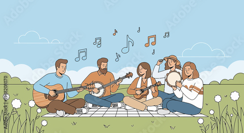 Friends Play Music Outdoors Picnic
