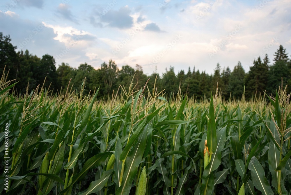 Fototapeta premium A vibrant green cornfield stretching towards a dense forest under a cloudy sky