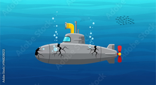 A damaged grey submarine with cracks and bubbles sinking underwater, with a school of fish in the distance.