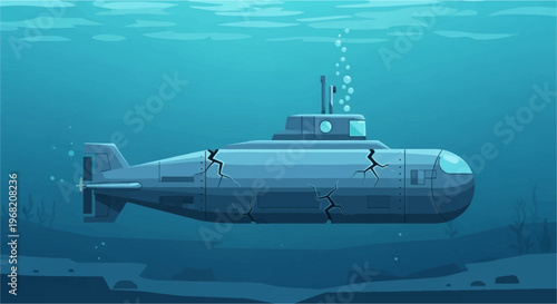 A damaged submarine with cracks on its hull is sinking underwater, emitting bubbles from its top.