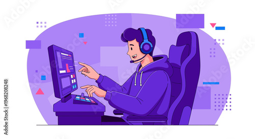 Gamer boy playing computer game wearing headset, esports, online gaming concept