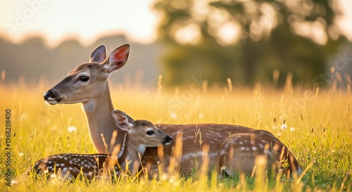 Doe and Fawn Resting in Golden Meadow at Sunrise