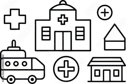 Medical Icons Including Hospital And Ambulance building