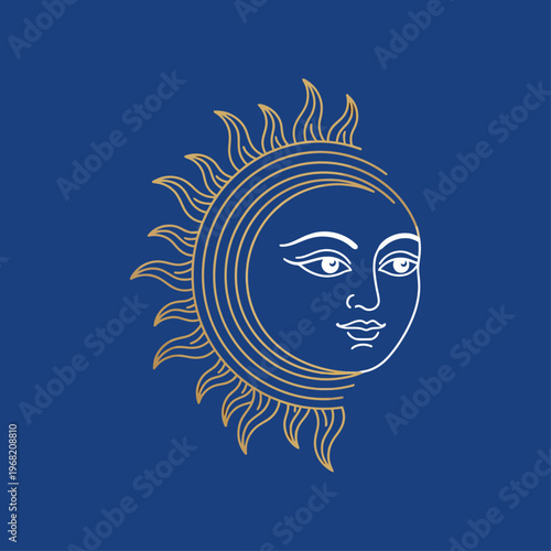 Stylized Sun with Human Face Line Art Illustration on Dark Blue Background, Celestial Golden and White Minimalist Design, Mystical Astrology Symbol