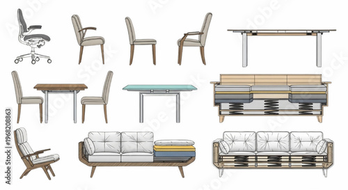 CAD Interior Furniture Sections Vector Chairs Tables Sofas Illustration Modern Design Set