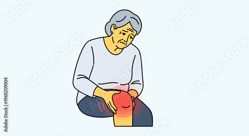 Elderly woman with knee pain, arthritis, joint inflammation, and discomfort, sitting and holding her leg.