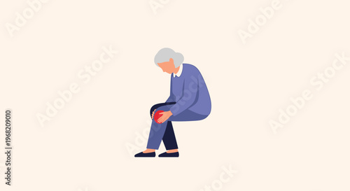 Elderly woman with knee pain, sitting and holding her painful joint, illustration