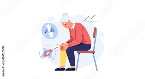 Elderly woman with knee pain, joint inflammation, and bandage on chair