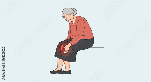 Elderly woman with knee pain, sitting and holding her painful joint, red inflammation highlighted.