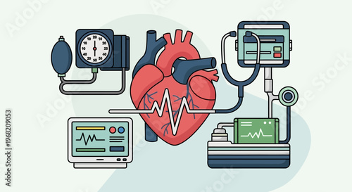 Human Heart Medical Equipment ECG Monitor Blood Pressure Monitor Cardiology Healthcare
