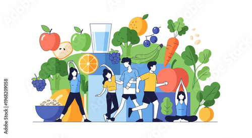 Healthy Lifestyle: People Exercising and Eating Fruits & Vegetables