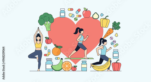 Healthy lifestyle, fitness, yoga, running, healthy food, vitamins and heart symbol