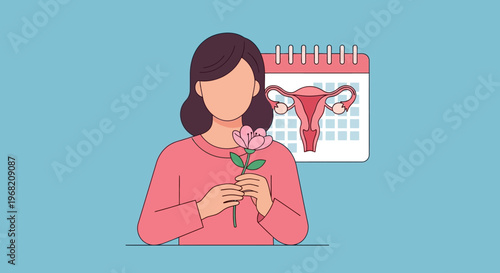 Woman holding flower with uterus and calendar, symbolizing women's health and menstrual cycle awareness